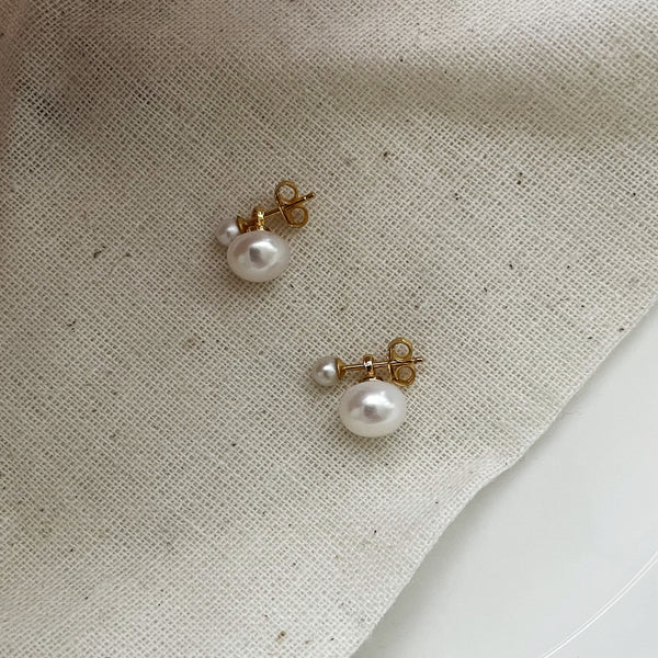 Elegant Double Pearl Ear Studs | 14K Gold Filled, 2-3mm & 7-8mm Genuine Pearls