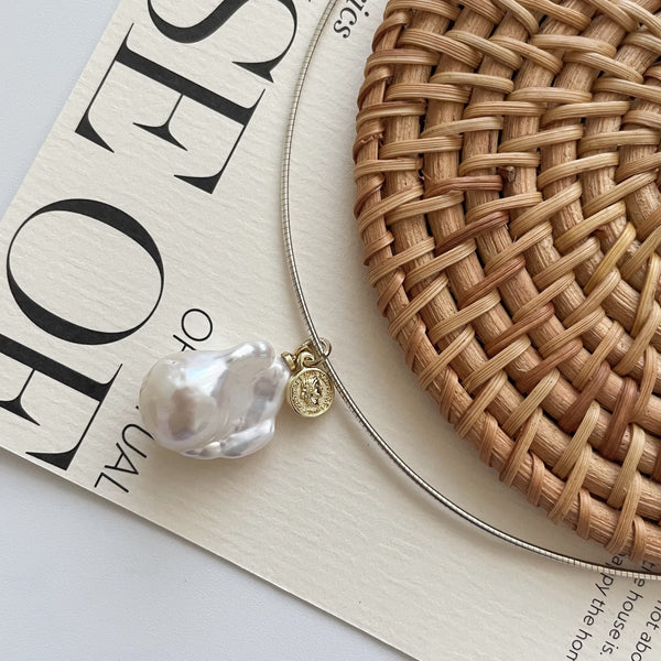 Stylish Pendant Necklace: Baroque pearl Silver Circle & Gold Coin in Sterling Silver