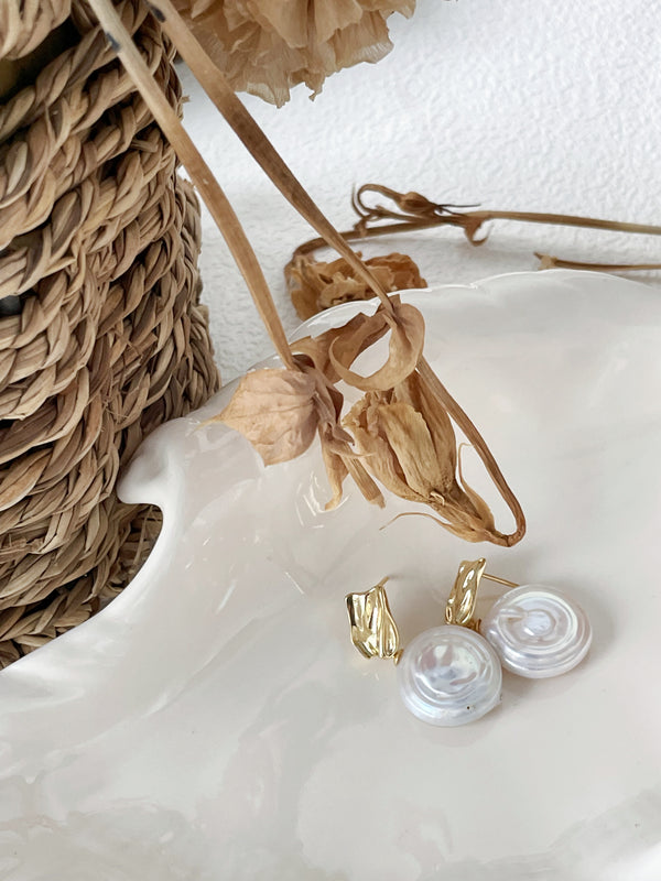 Vintage Disc-Shaped Baroque Pearl Drop Earrings in Gold Plated